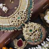 Vriksham Possibly With Floral Pendant Style Short Neckpiece-White-Aqua Green Bead-J3347